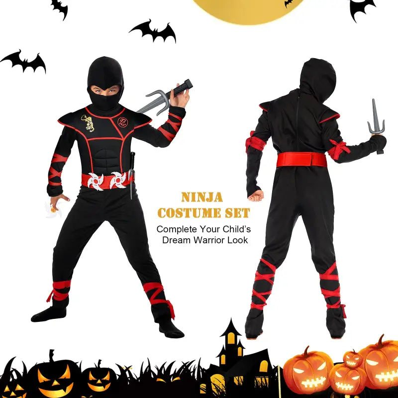 Aomig Ninja Costume Kids Halloween Fancy Dress with Accessories Warrior Muscle for Boys Girls Luxury Role Play outfit