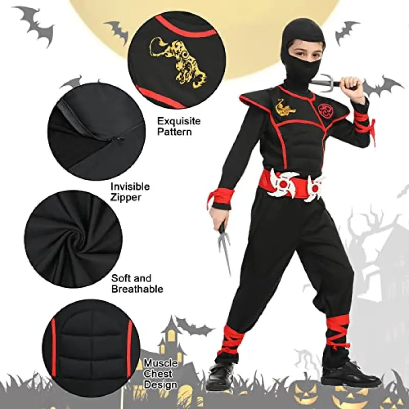 Aomig Ninja Costume Kids Halloween Fancy Dress with Accessories Warrior Muscle for Boys Girls Luxury Role Play outfit