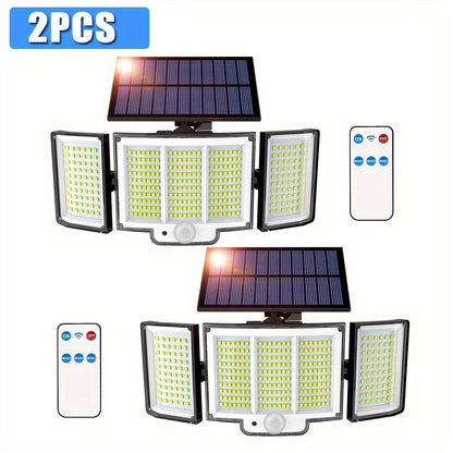 348LED 3 Heads Solar Motion Sensor Lights - 2PCS Outdoor Garden Security Flood Lights With Remote Control - 270° Wide Angle Wall Lamp With 3 Modes For Garden, Yard Pathway, Garage, Street Light Dusk To Dawn