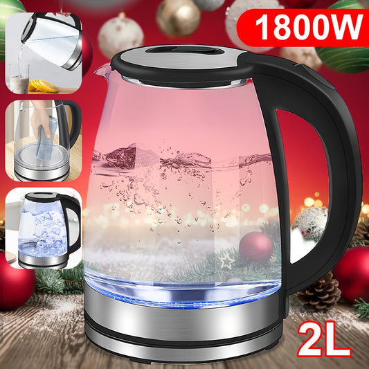 2L 1800W High Borosilicate Glass Electric Kettle with Stainless Steel Fast Boiling Element, Blue LED Lighting, 360° Rotatable Base, Auto Shut-Off, and Dry Burn Protection - Perfect for Home & Office