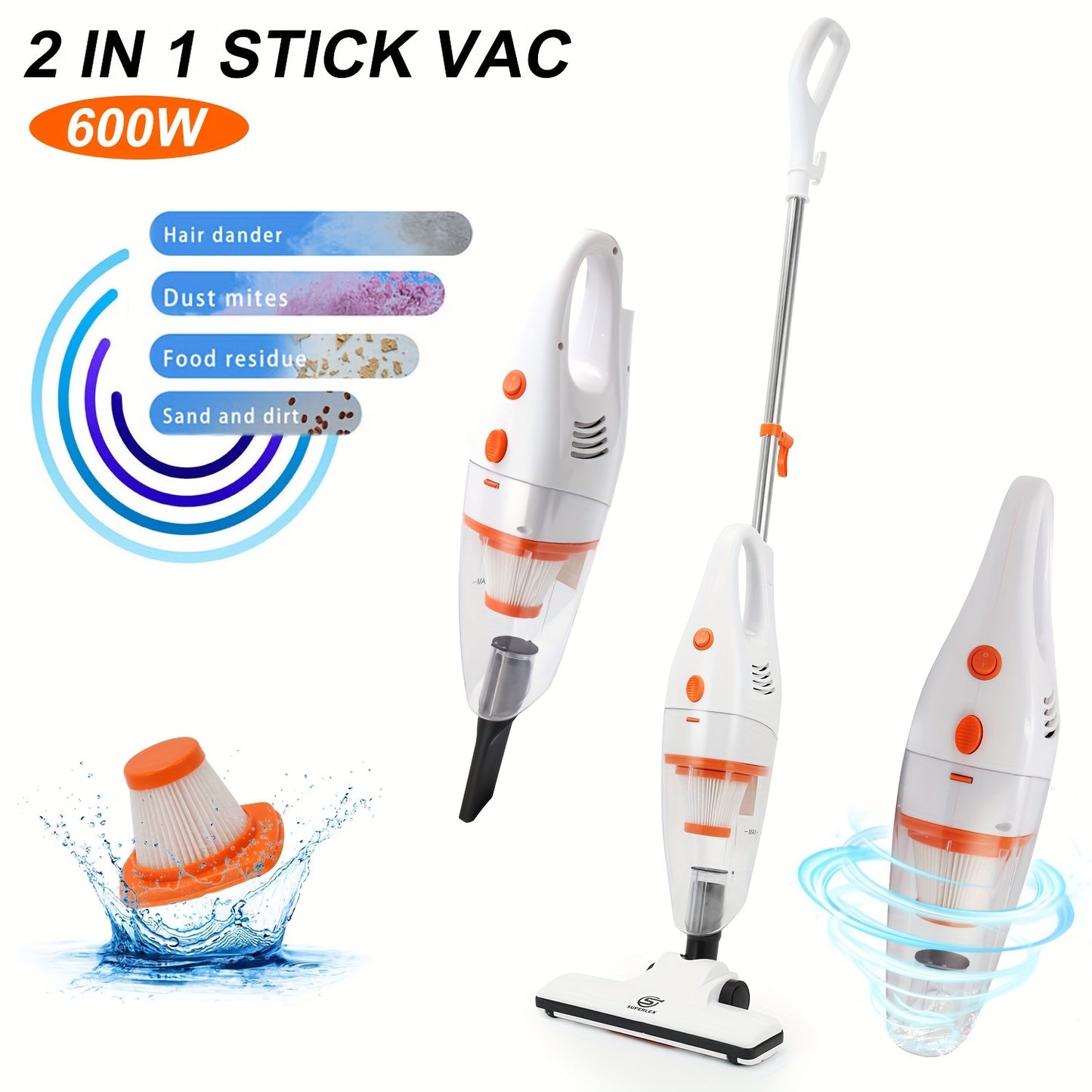 16Kpa SUPERLEX Bagless Hand-Held Stick Vacuum Cleaner - 4-In-1, HEPA Filter, 5M Wire, 600W, for Animal Hair, Carpet, Floor