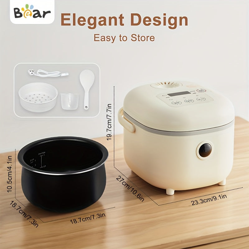 Bear 3.5-Cup Digital Rice Cooker with Steamer - 6 Cooking Functions - 350W - 220-240V - Square Design - British Plug - Ideal for 2-3 servings - White/Brown Rice, Porridge, Soup