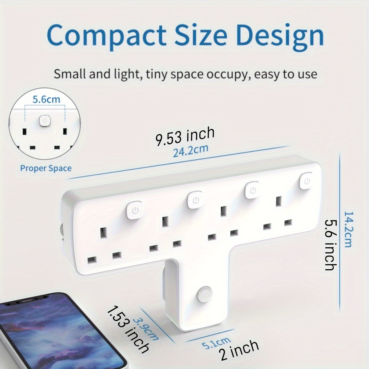 MSCIEN 4-Way UK Plug Wall Extension Socket with ON/OFF Switches, Surge Protector, USB Slot, 180 Degree Rotation, 3250W Power Max for Home Office Travel - Flat Shape, 220-240V