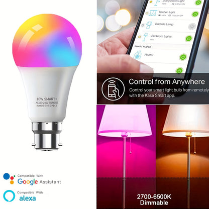 1PCS Smart Light Bulb, B22 Bayonet Lamp 800LM 10W RGB WiFi LED Bulb With Dimmable White 2700K-6500K & Colour Changing, Compatible With Alexa, For Home, Bedroom, Living Room, UK Plug