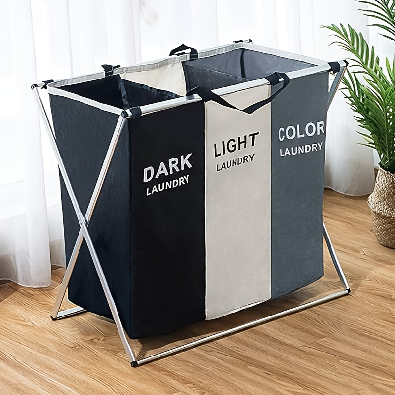 Large Capacity 3-Section Foldable Laundry Hamper Sorter Basket Bag with Aluminum Frame, Breathable and Easy to Clean, 135L, 24'' × 14'' X 23'', White+Grey+Black