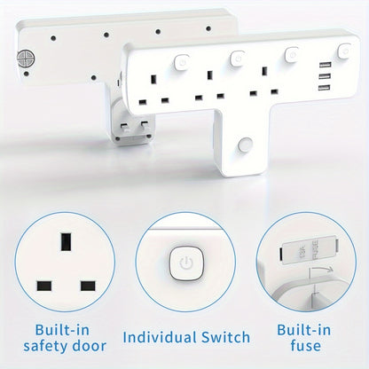 3250W Max Power 3 Way UK Plug Wall Electrical Outlet Adapter with 3 USB Ports, Surge Protection, ON/OFF Switches, and 180 Degree Rotation Button Design