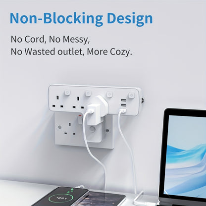 3250W Max Power 3 Way UK Plug Wall Electrical Outlet Adapter with 3 USB Ports, Surge Protection, ON/OFF Switches, and 180 Degree Rotation Button Design