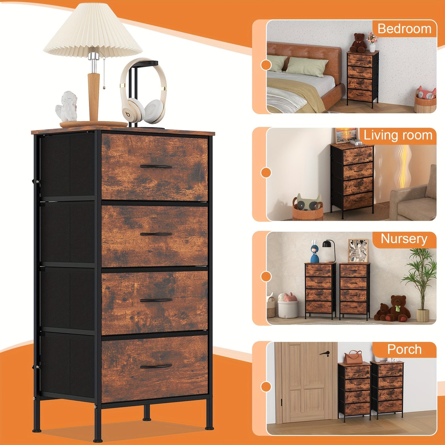 4-Drawer Modern Tower Art Storage Cabinet with Wooden Top and Metal Frame for Living Room and Bedroom