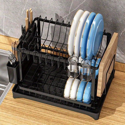 2 Tier Home Kitchen Sink Dish Drainer Rack with Drip Tray Cutlery Holder Plate