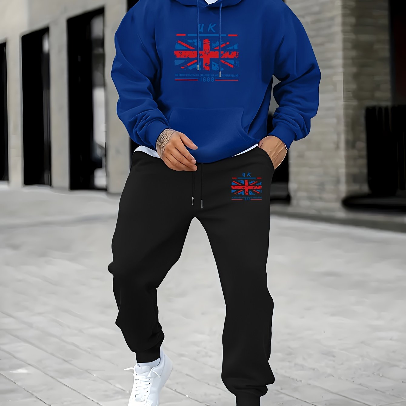 2pcs Men's Retro UK Flag Print Long Sleeve Hoodie + Sweatpants Set, Casual Trendy Co-ord Set As Gift