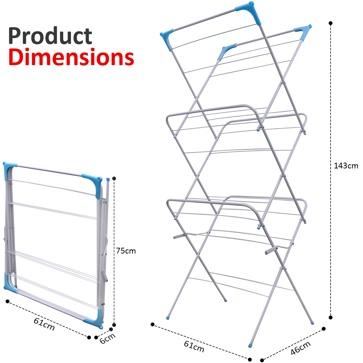 3 Tier Folding Clothes Airer, Foldable Clothes Horse, Clothes Rack for Indoor & Outdoor Use, Clothes Drying Rack, Clothes Airer Indoor, Flat Foldable Washing Line with Non-Slip Feet