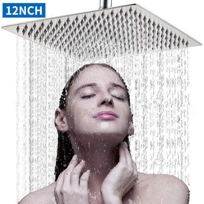 12 Large Square Shower Head Chrome Stainless Steel Rainfall Overhead Bathroom