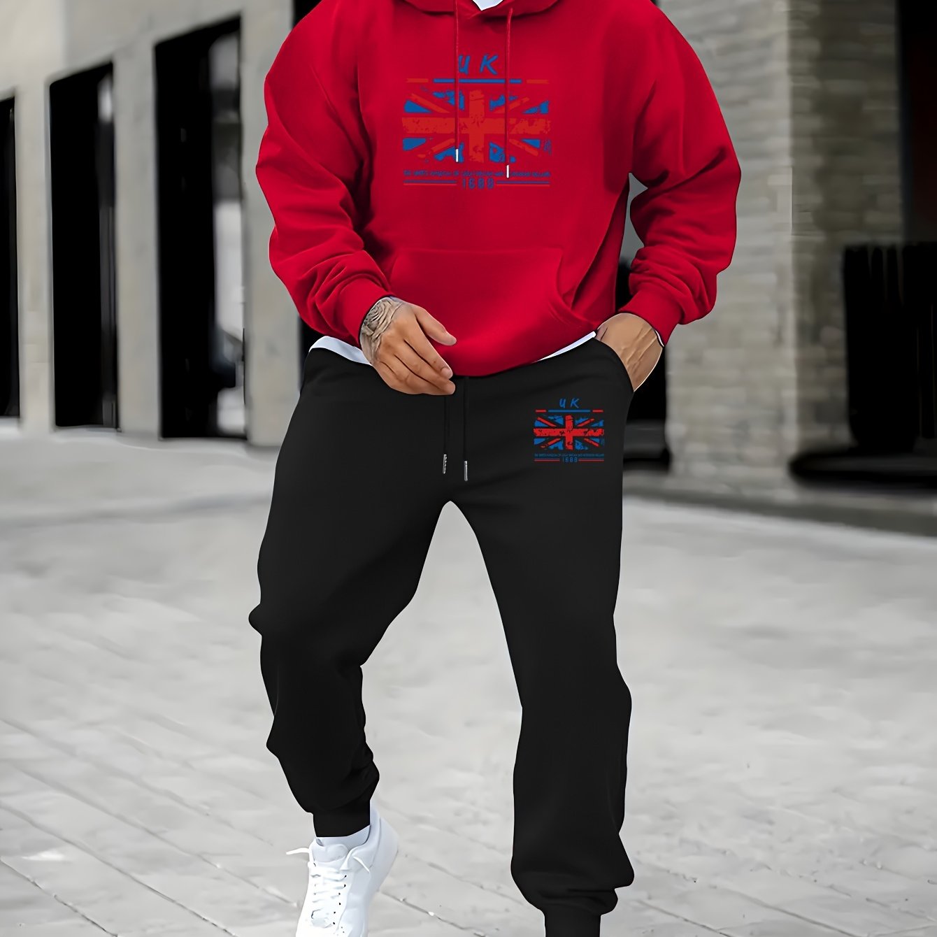 2pcs Men's Retro UK Flag Print Long Sleeve Hoodie + Sweatpants Set, Casual Trendy Co-ord Set As Gift