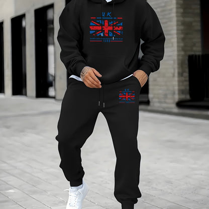 2pcs Men's Retro UK Flag Print Long Sleeve Hoodie + Sweatpants Set, Casual Trendy Co-ord Set As Gift