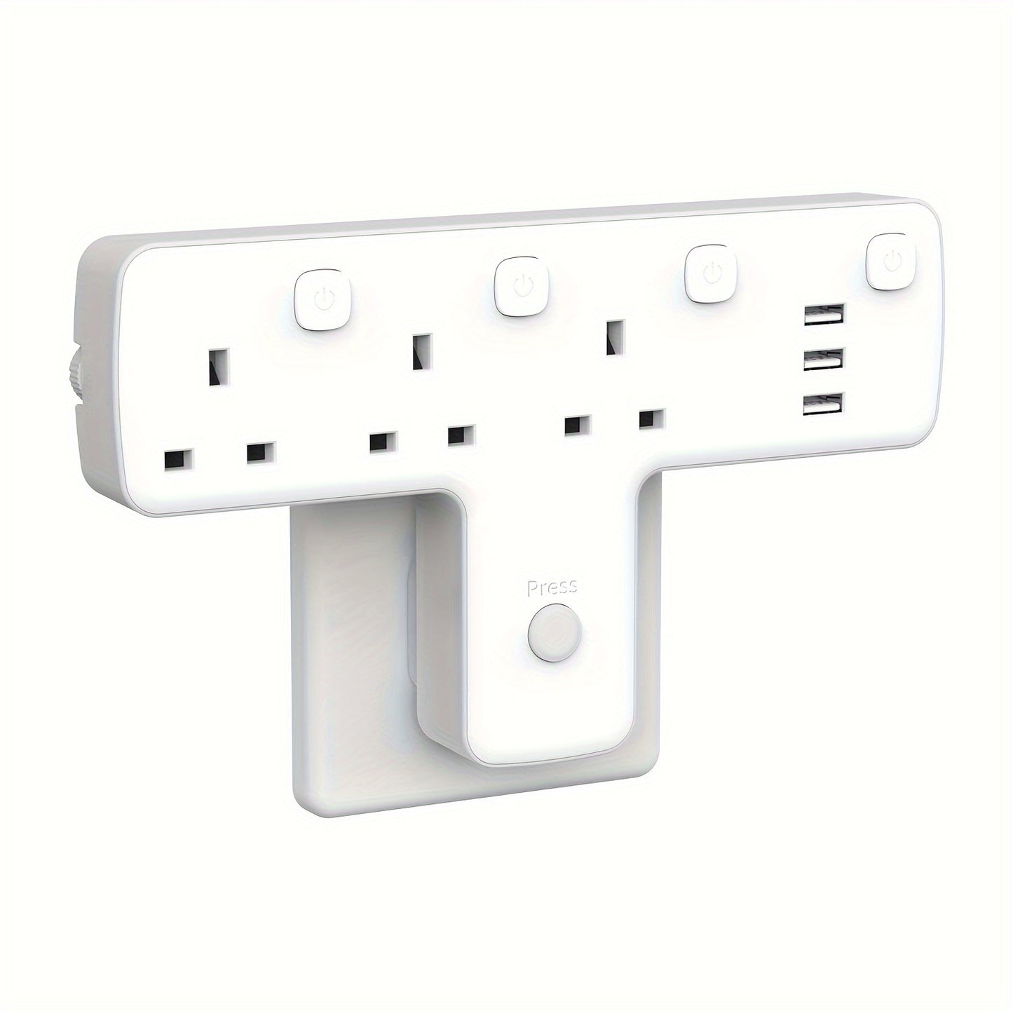 3250W Max Power 3 Way UK Plug Wall Electrical Outlet Adapter with 3 USB Ports, Surge Protection, ON/OFF Switches, and 180 Degree Rotation Button Design