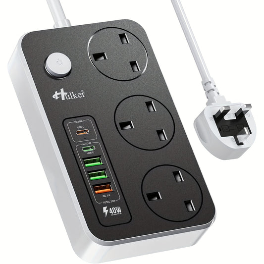 Hulker Extension Lead With USB C Ports Power Strip With 3 Way Outlets 5 USB Slots (1 PD 20W Type-C And 1 USB-C And 3 USB-A Port) Multi Plug Extension Socket Desktop With 2 Meter Power Cord 3250W 13A