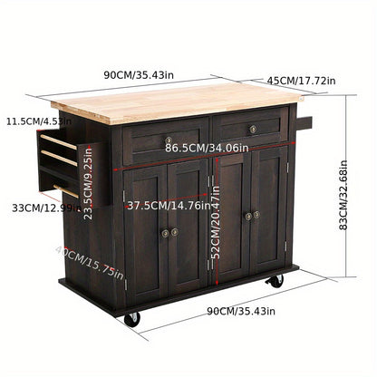 Large Kitchen Island Rolling Storage Trolley Cart with Rubber Wood Countertop, 3 Drawers, 2 Cabinets & Adjustable Shelf, Serving Utility Organiser Cabinet