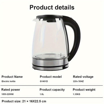 2L 1800W High Borosilicate Glass Electric Kettle with Stainless Steel Fast Boiling Element, Blue LED Lighting, 360° Rotatable Base, Auto Shut-Off, and Dry Burn Protection - Perfect for Home & Office