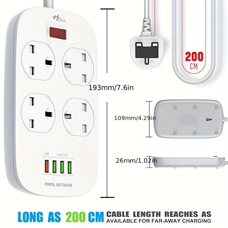 1pc HULKER 4-Way UK Power Strip Surge Protector with 4 USB Ports, 13A 3250W, 2m Extension Cord, British Specification Plug, 110V/220V Compatible, Rectangle with USB Slot Feature