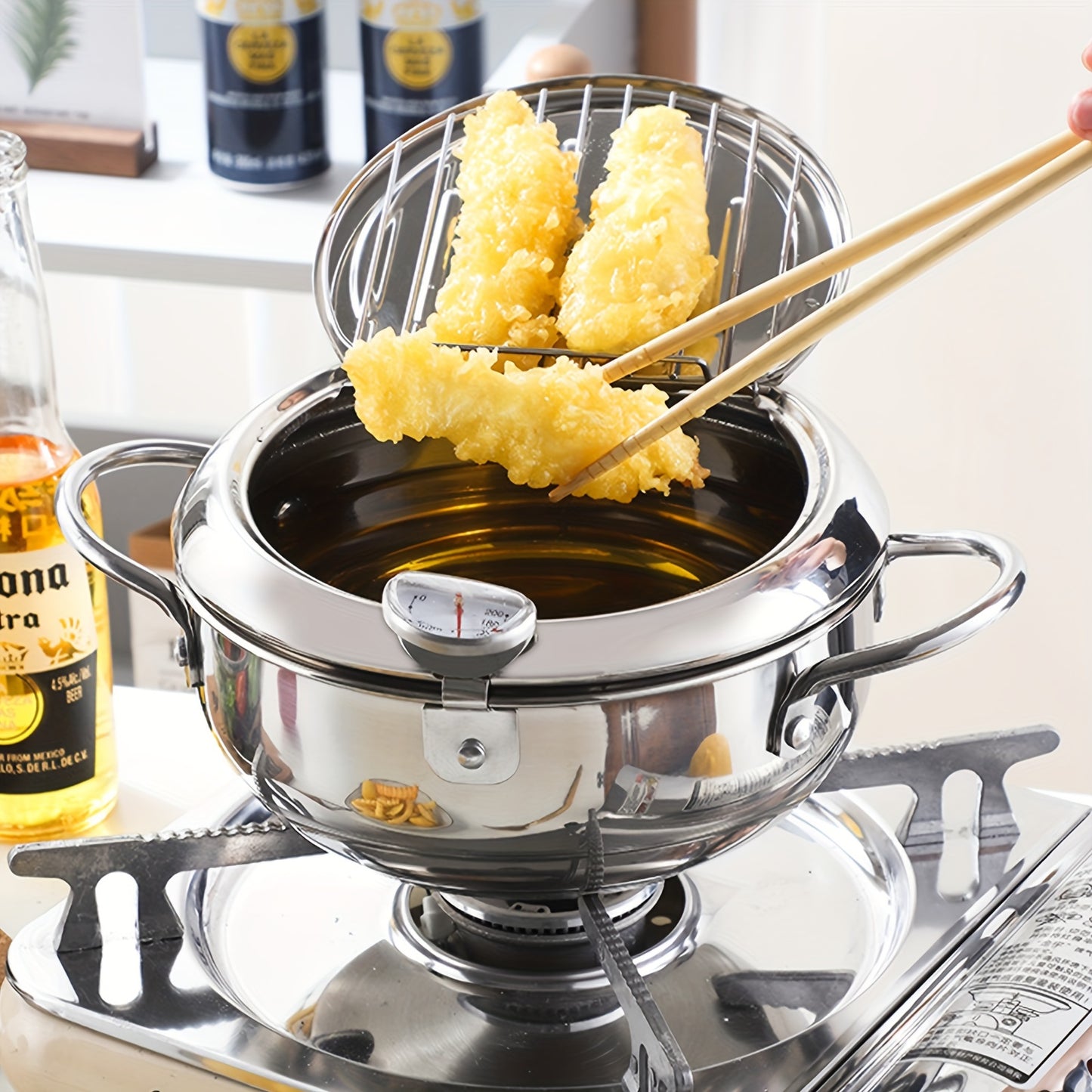 1pc Tempura Deep Fry Pot, Thickened Stainless Steel Tempura Fryer With Thermometer, Japanese Style Tempura Fryer Pan