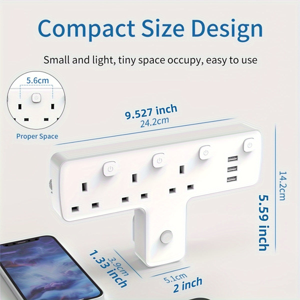 3250W Max Power 3 Way UK Plug Wall Electrical Outlet Adapter with 3 USB Ports, Surge Protection, ON/OFF Switches, and 180 Degree Rotation Button Design