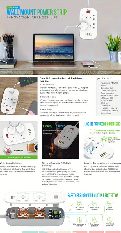 1pc HULKER 4-Way UK Power Strip Surge Protector with 4 USB Ports, 13A 3250W, 2m Extension Cord, British Specification Plug, 110V/220V Compatible, Rectangle with USB Slot Feature