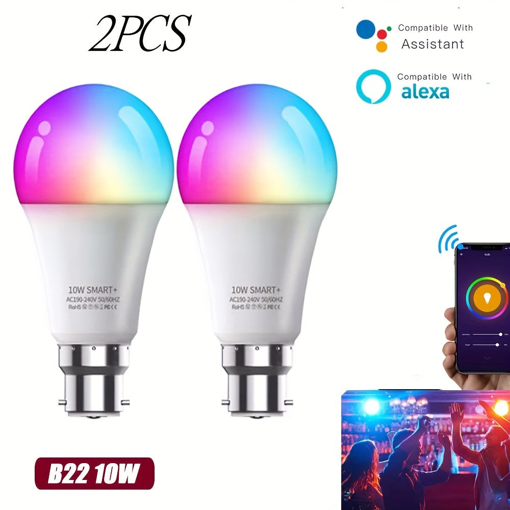 2pcs B22 WiFi Smart Bulb, 10W Dimmable Colour Changing Light Bulb, RGB WiFi LED Bulbs For App Alexa Assistant Home Bar