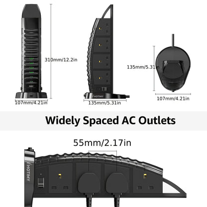 2M 8 Way Outlets Tower Extension Lead with 6 USB (2 Type C & 4 USB A Ports), Overload Protection, 2 Independent Switches, Multi Plug Extension Tower Power Strip