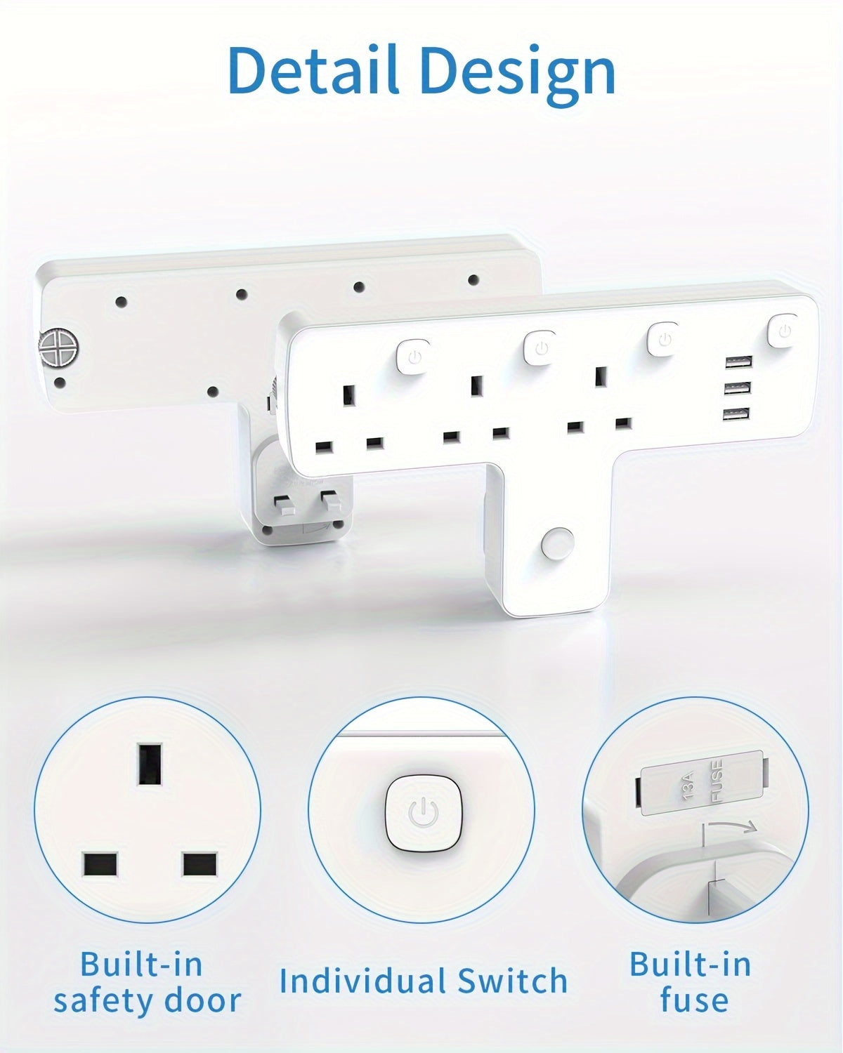 3250W Max Power 3 Way UK Plug Wall Electrical Outlet Adapter with 3 USB Ports, Surge Protection, ON/OFF Switches, and 180 Degree Rotation Button Design