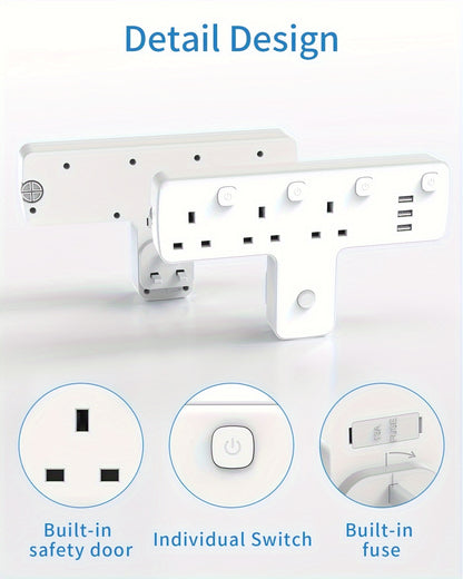 3250W Max Power 3 Way UK Plug Wall Electrical Outlet Adapter with 3 USB Ports, Surge Protection, ON/OFF Switches, and 180 Degree Rotation Button Design