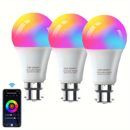 3pcs B22 LED Smart Bulbs, 10W RGB+CCT Dimmable Lighting, WiFi & Wireless Connectivity, Works with Alexa, Google Assistant, IFTTT, SmartThings - Ideal for Home Decor, Parties & Gaming, No Hub Needed