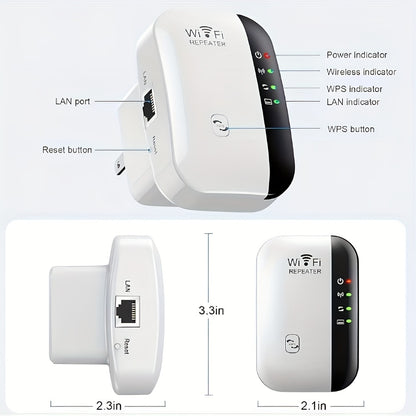 300Mbps WiFi Booster, WiFi Repeater Extender with Ethernet Port, 2.4GHz WiFi Extender, Support Repeater/Router/AP Mode & WPS, 1-Tap Setup, Compatible with All Network Routers, UK Plug