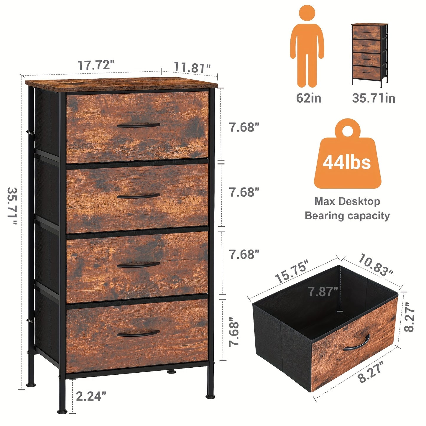 4-Drawer Modern Tower Art Storage Cabinet with Wooden Top and Metal Frame for Living Room and Bedroom