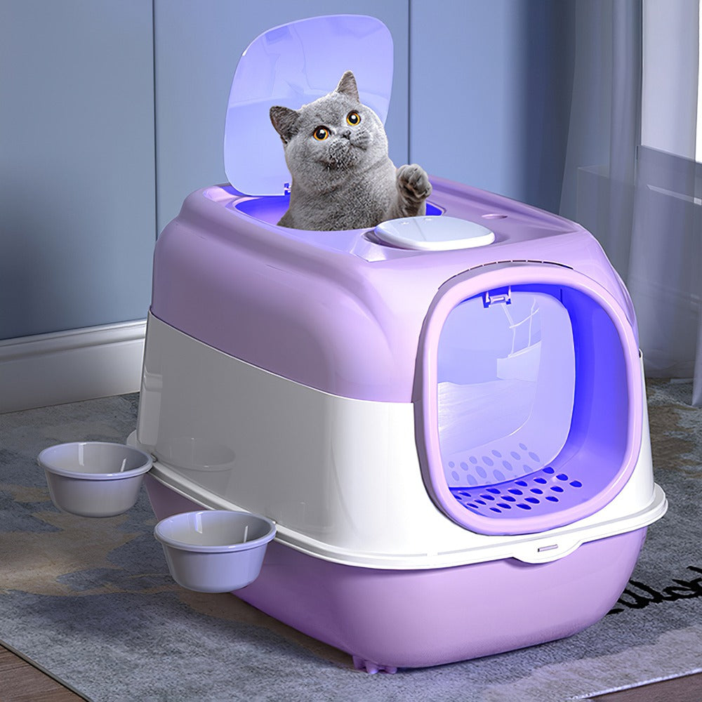 Large Top Out Cat Litter Box, Spacious with Two Cat Exits, Large Cat Litter Box with Scoop and 2 Bowl, Cat Litter Tray with Sterilization Function, Odor Prevention, Splash Prevention, Cat Toilet, Easy To Clean, Purple