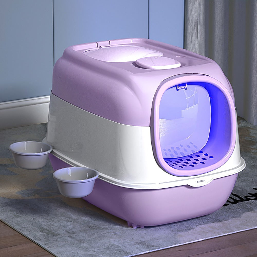 Large Top Out Cat Litter Box, Spacious with Two Cat Exits, Large Cat Litter Box with Scoop and 2 Bowl, Cat Litter Tray with Sterilization Function, Odor Prevention, Splash Prevention, Cat Toilet, Easy To Clean, Purple