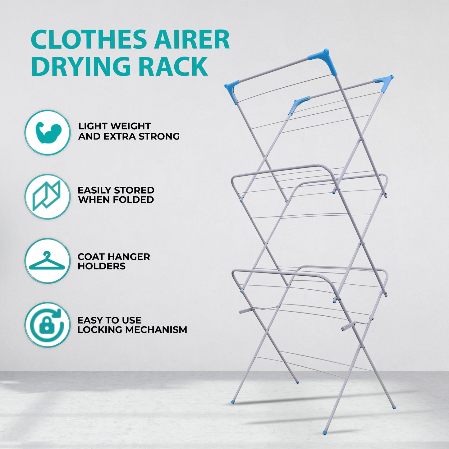 3 Tier Folding Clothes Airer, Foldable Clothes Horse, Clothes Rack for Indoor & Outdoor Use, Clothes Drying Rack, Clothes Airer Indoor, Flat Foldable Washing Line with Non-Slip Feet