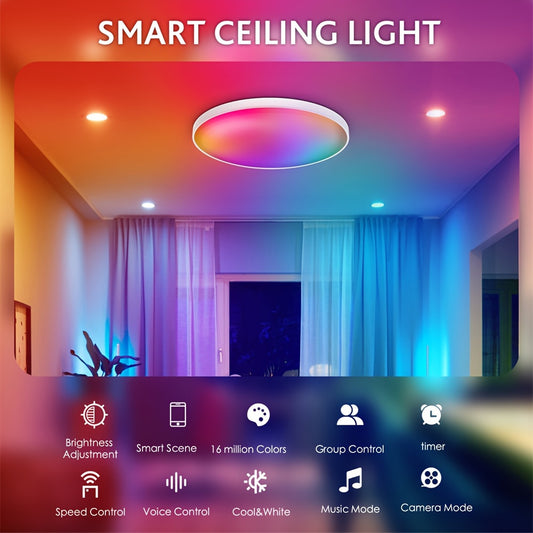 30W Smart RGB LED Ceiling Light with WiFi & Wireless - Flush Mount, Dimmable, 2700K-6500K Adjustable Color Temperature, App & Remote Control, Music Sync for Home Decor, Parties, 220V