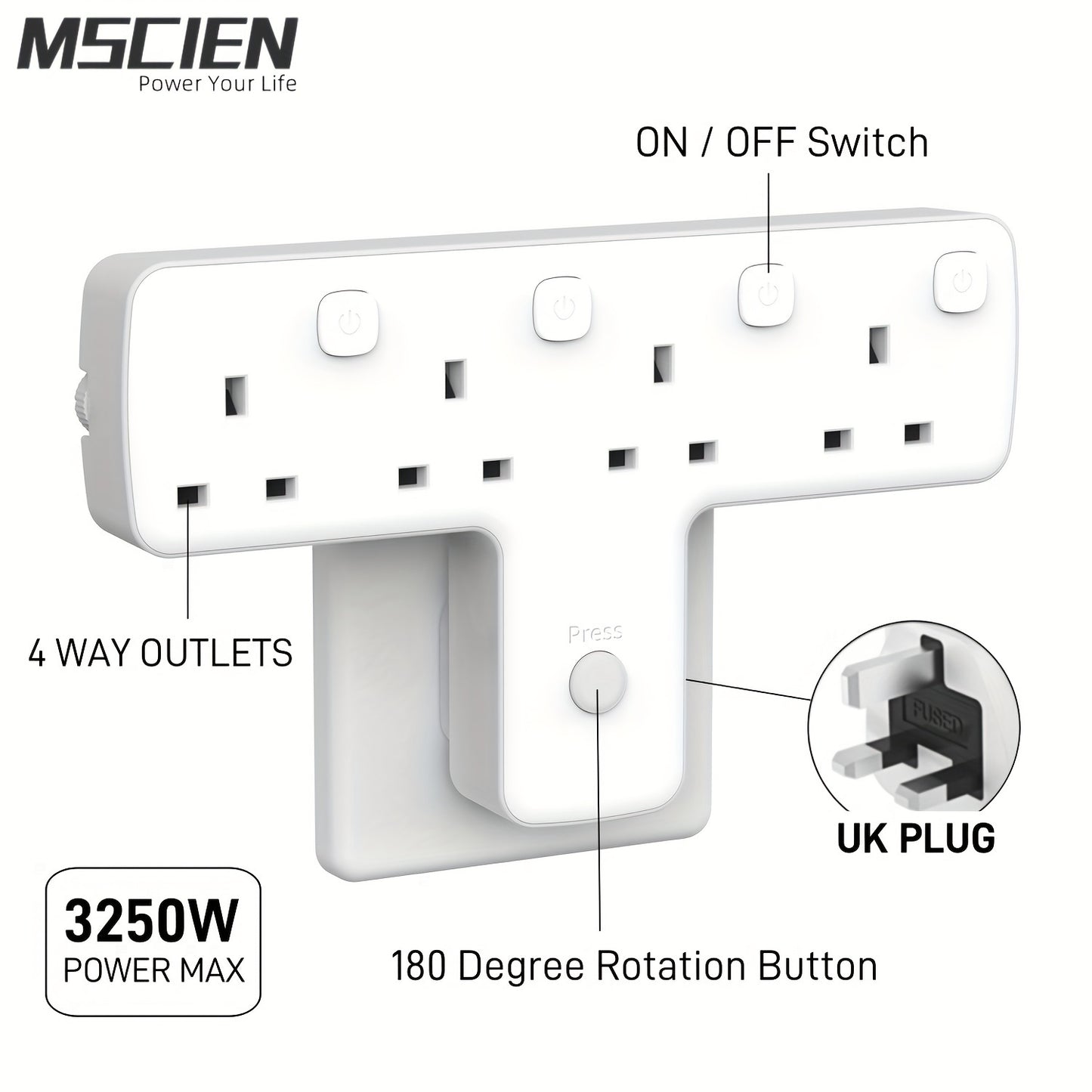 MSCIEN 4-Way UK Plug Wall Extension Socket with ON/OFF Switches, Surge Protector, USB Slot, 180 Degree Rotation, 3250W Power Max for Home Office Travel - Flat Shape, 220-240V