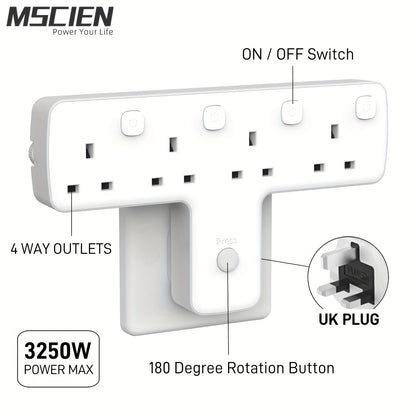 MSCIEN 4-Way UK Plug Wall Extension Socket with ON/OFF Switches, Surge Protector, USB Slot, 180 Degree Rotation, 3250W Power Max for Home Office Travel - Flat Shape, 220-240V