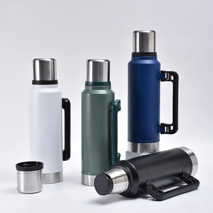 Stainless Steel Thermos Flasks Water Bottle with Drinking Mug Plastic Handle 1400 ml - Random Colour