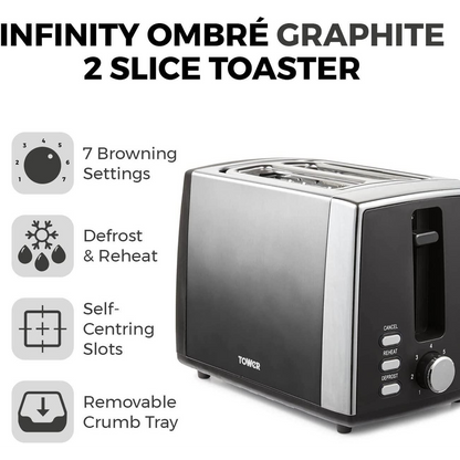 Tower Infinity Ombre Graphite 900W 2 Slice Toaster Graphite- T20038GRP